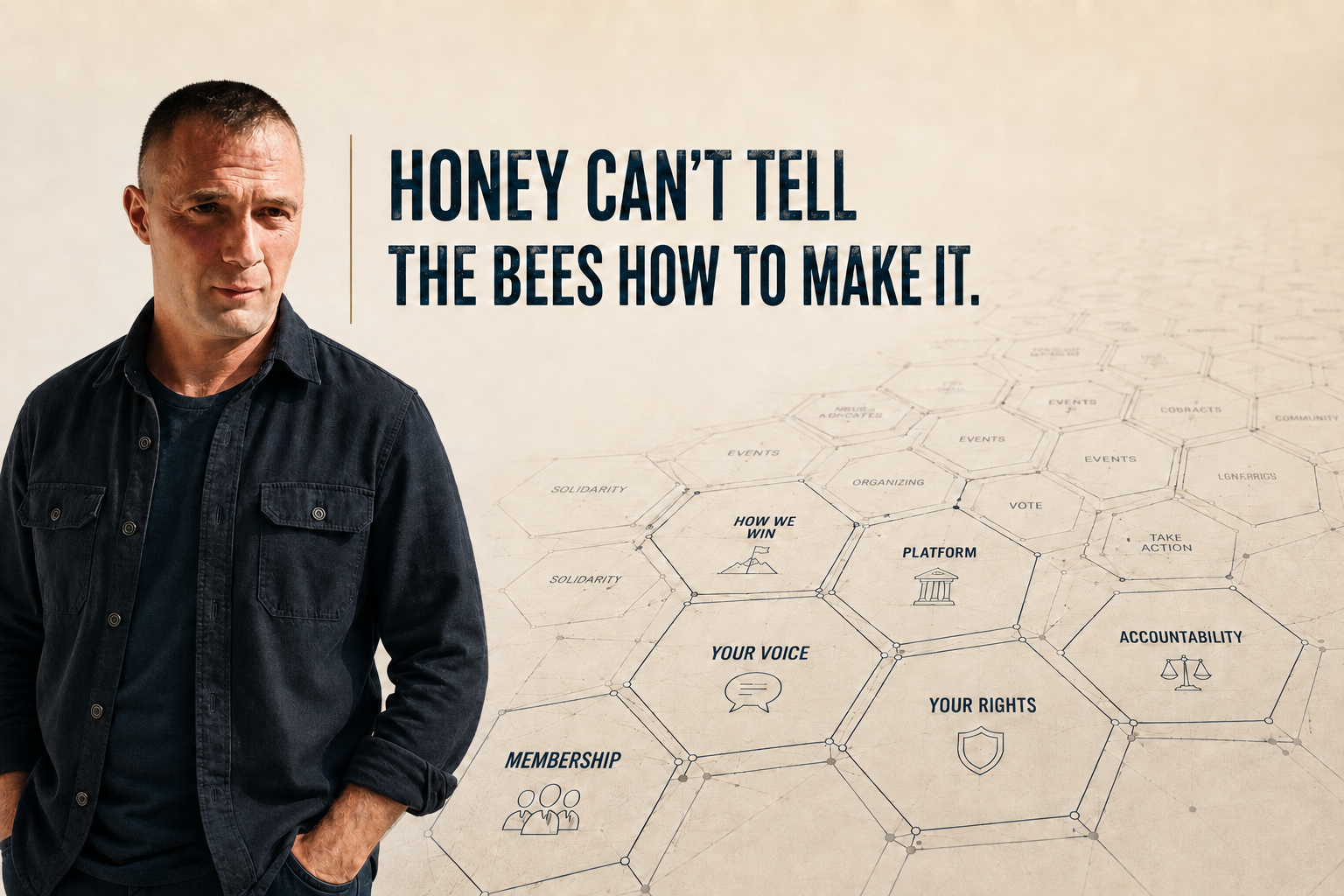 Vasyl Davydenko looking toward a honeycomb map of the campaign portal